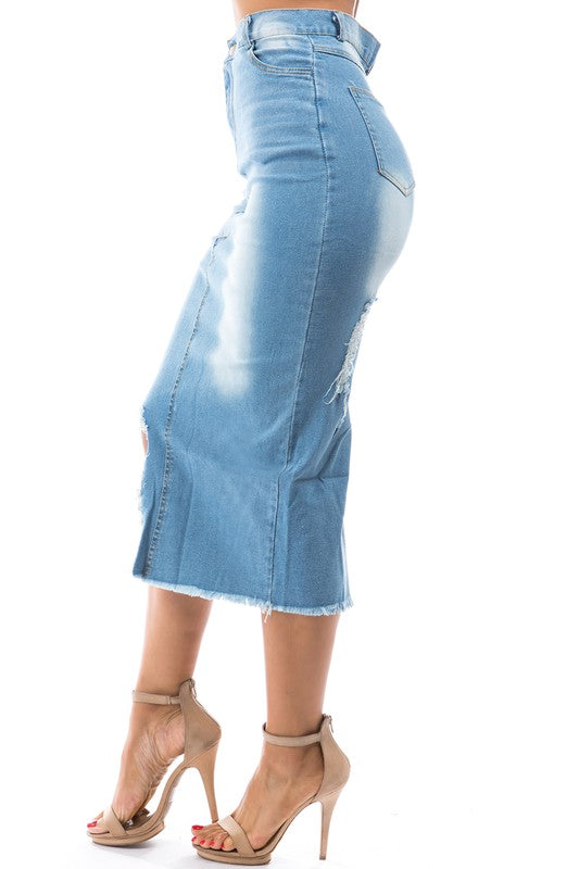 Women’s High-Waisted Denim Maxi Skirt – Side Slit, Bodycon Fit, Multi-Cut Design with Pocket
