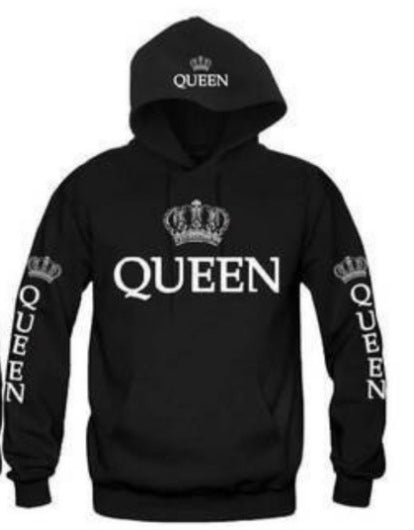 Black hoodie with white crown graphics and the word QUEEN printed on chest, hood, and sleeves