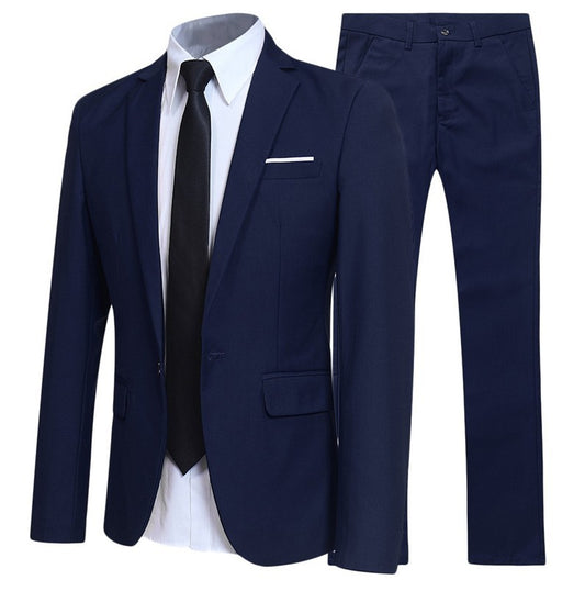 Men's navy blue suit with blazer, matching trousers, white dress shirt, and black tie