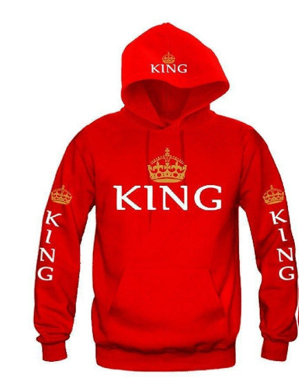 Red hoodie with gold crown and white KING text on front, sleeves, and hood