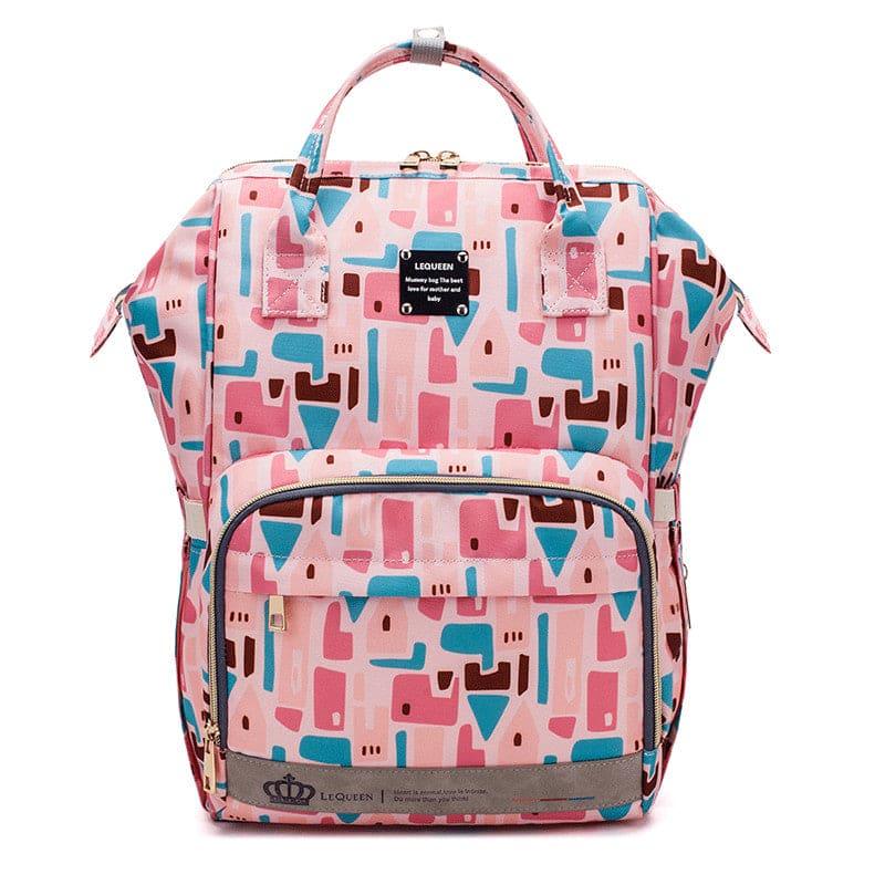 Colorful geometric patterned LEQUEEN backpack with front zipper pocket and top handles