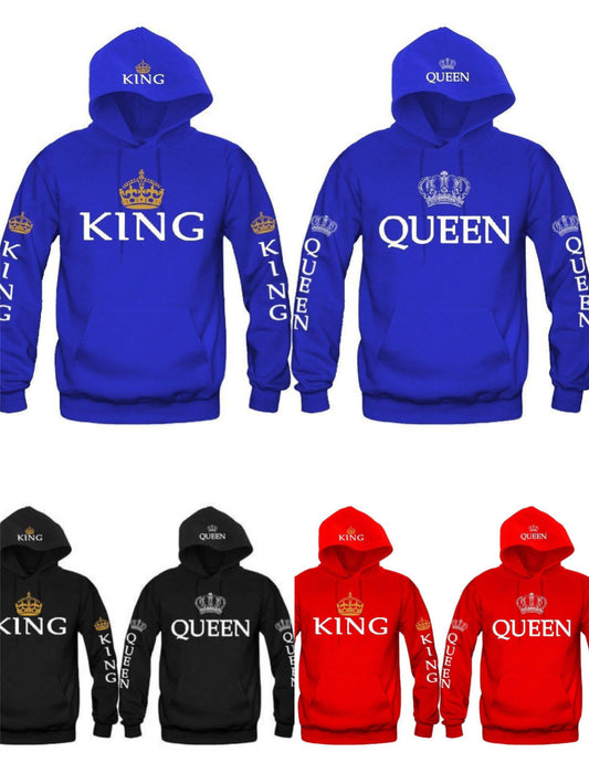 King and Queen hoodies in blue, black, and red with crown designs and text on chest, sleeves, and hood