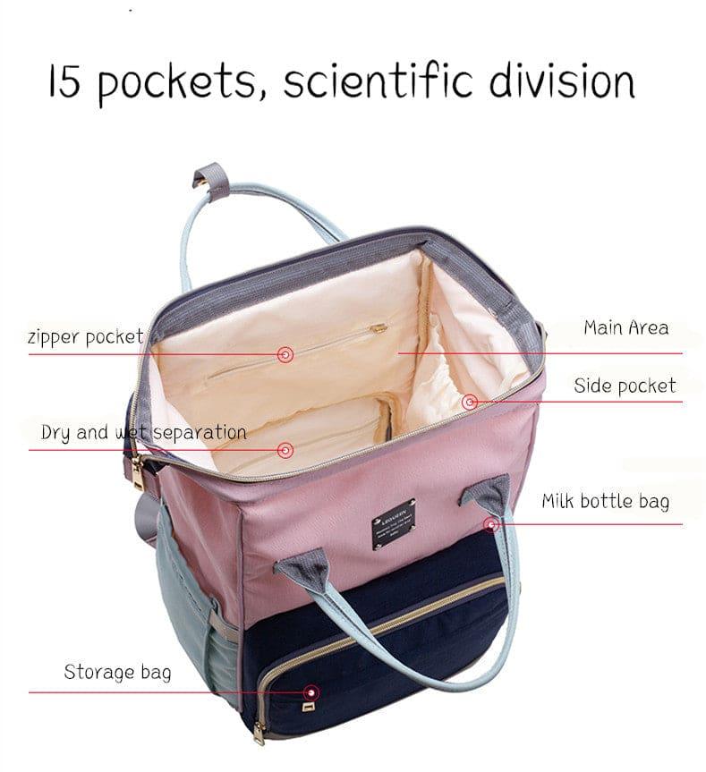 Pink and navy blue travel bag with 15 pockets including zipper, side, milk bottle, and storage compartments