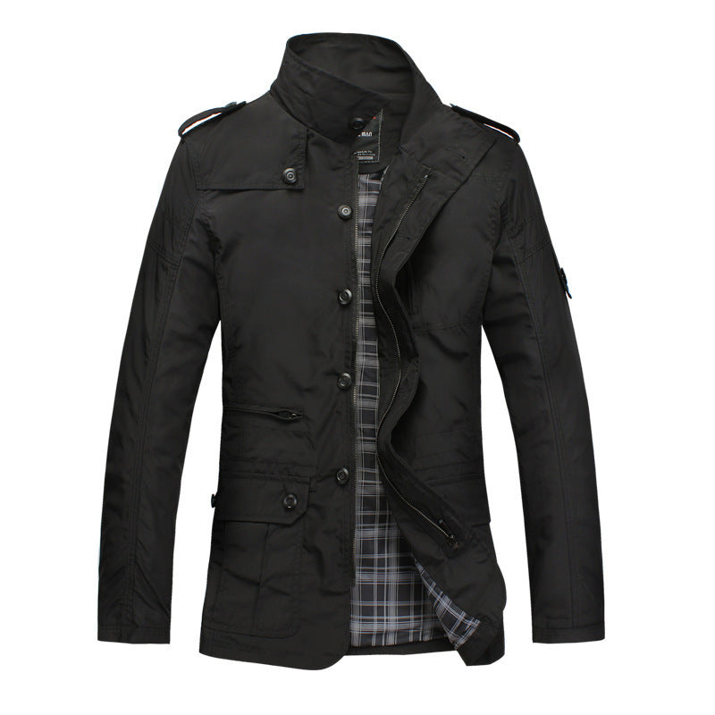 Men's black casual jacket with button and zipper closure, plaid inner lining, and multiple pockets