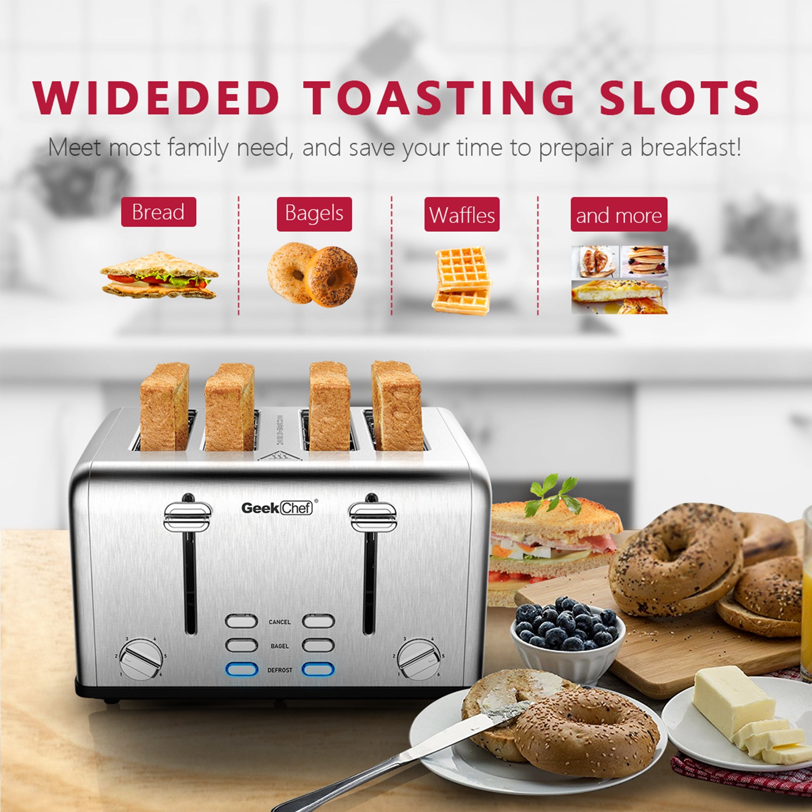 NEW Toaster 4 Slice, Geek Chef Stainless Steel Extra-Wide Slot Toaster With Dual Control Panels Of Bagel,Defrost,Cancel Function,Ban Amazon