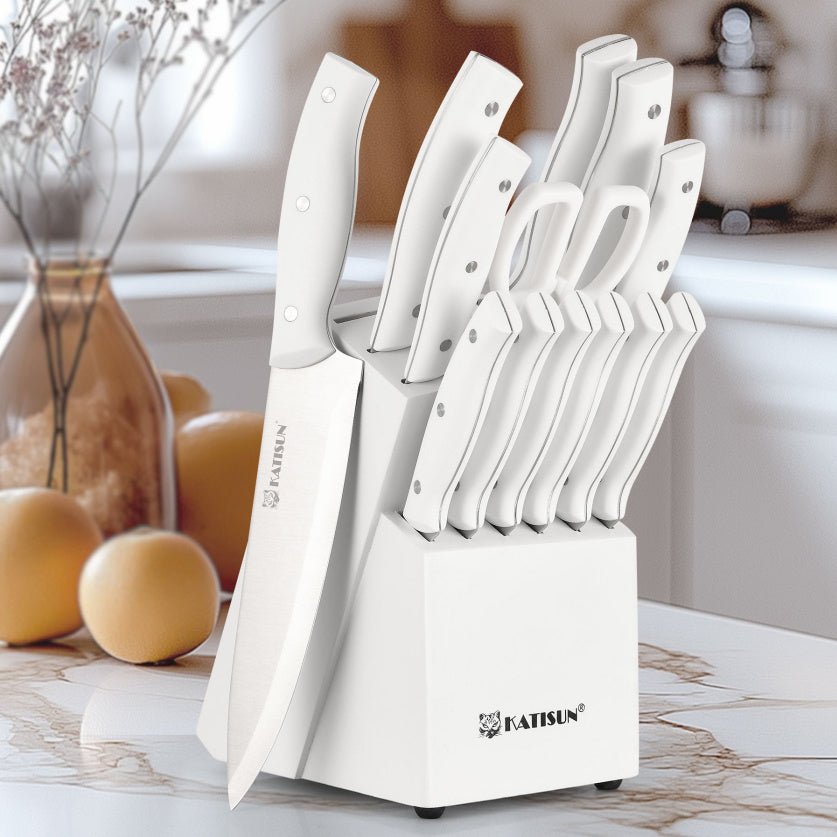 15 Pieces Of White Carbon Steel Blade Kitchen Knife Set, Equipped With A Genuine Wooden Frame, Internal Sharpener, And Kitchen Scissors - JonaStore