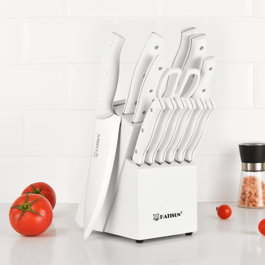 15 Pieces Of White Carbon Steel Blade Kitchen Knife Set, Equipped With A Genuine Wooden Frame, Internal Sharpener, And Kitchen Scissors - JonaStore