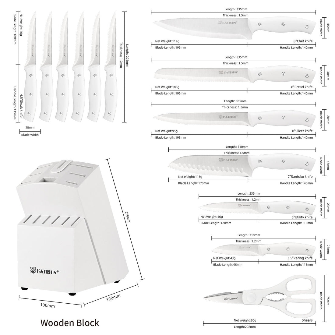 15 Pieces Of White Carbon Steel Blade Kitchen Knife Set, Equipped With A Genuine Wooden Frame, Internal Sharpener, And Kitchen Scissors - JonaStore