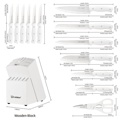 15 Pieces Of White Carbon Steel Blade Kitchen Knife Set, Equipped With A Genuine Wooden Frame, Internal Sharpener, And Kitchen Scissors - JonaStore