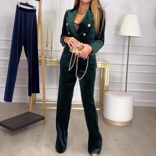 Women’s Elegant Korean Velvet 2-Piece Pantsuit Set – Long Sleeve Button Coat & Trousers (S–3XL)