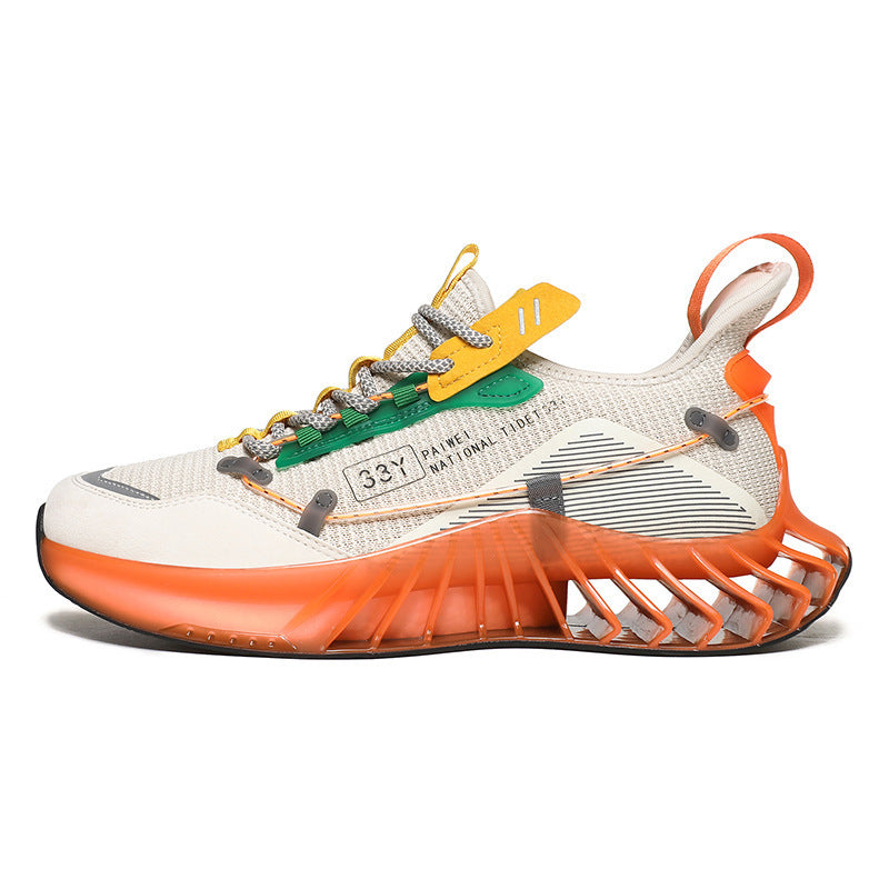 Modern beige sneaker with orange sole, yellow and green accents, elastic laces, and unique ventilated heel design