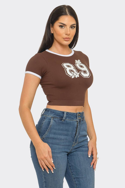 Seamless Contrast Binding "89" Screen Print Top