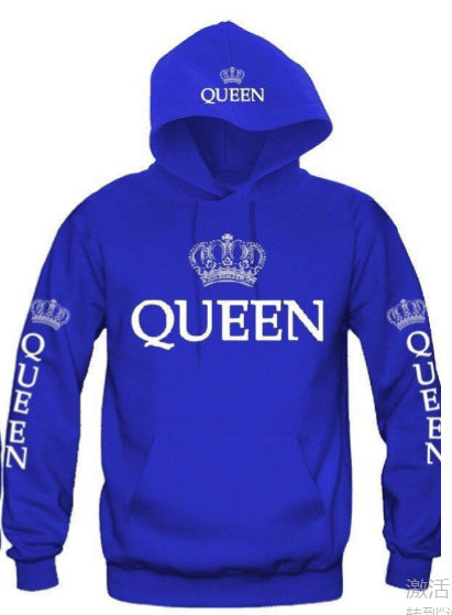 Blue hoodie with white crown graphics and the word QUEEN printed on front, hood, and sleeves
