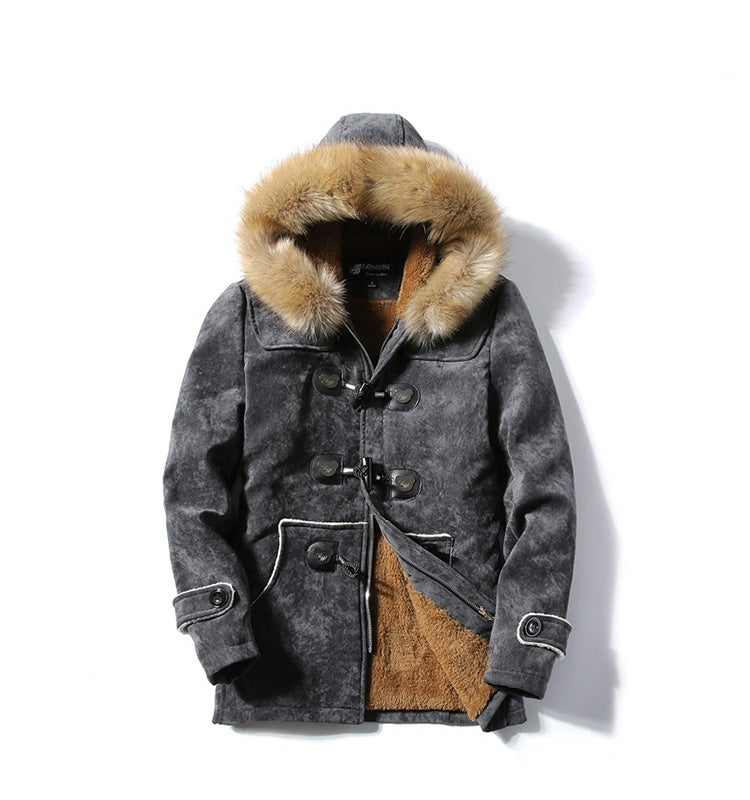 NEW Furry Collar Horn Buckle Deer Velvet Leather Coat Men