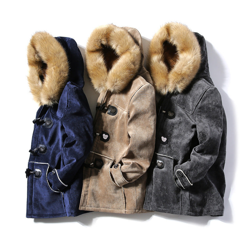 NEW Furry Collar Horn Buckle Deer Velvet Leather Coat Men