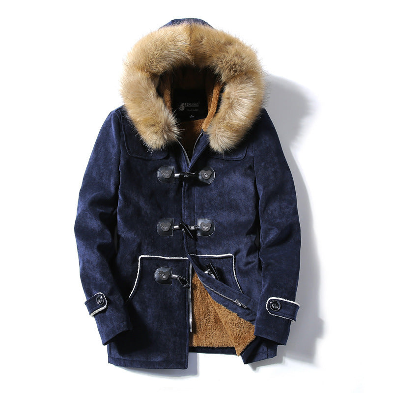 NEW Furry Collar Horn Buckle Deer Velvet Leather Coat Men