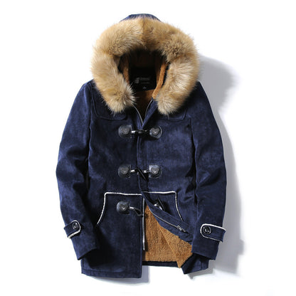 NEW Furry Collar Horn Buckle Deer Velvet Leather Coat Men