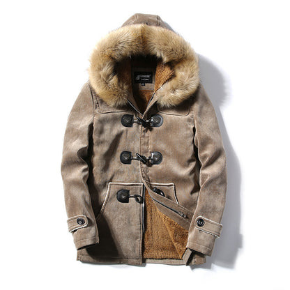 NEW Furry Collar Horn Buckle Deer Velvet Leather Coat Men