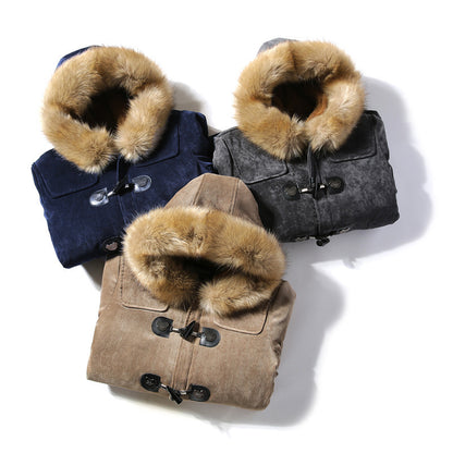 NEW Furry Collar Horn Buckle Deer Velvet Leather Coat Men