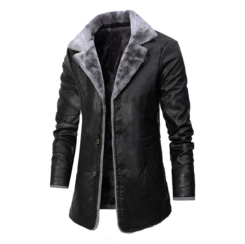 Men’s Business Formal Faux Leather Jacket – Medium-Length, Velvet-Lined, Single-Breasted Coat