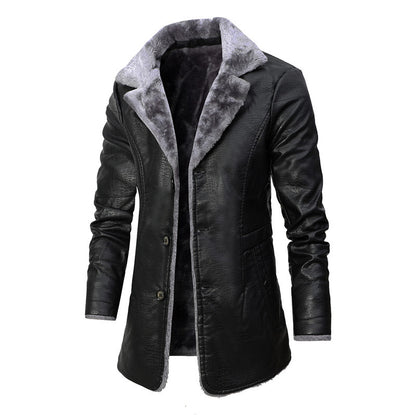 Men’s Business Formal Faux Leather Jacket – Medium-Length, Velvet-Lined, Single-Breasted Coat