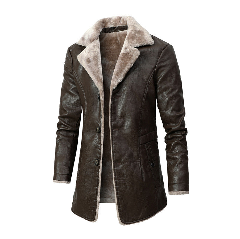 Men’s Business Formal Faux Leather Jacket – Medium-Length, Velvet-Lined, Single-Breasted Coat
