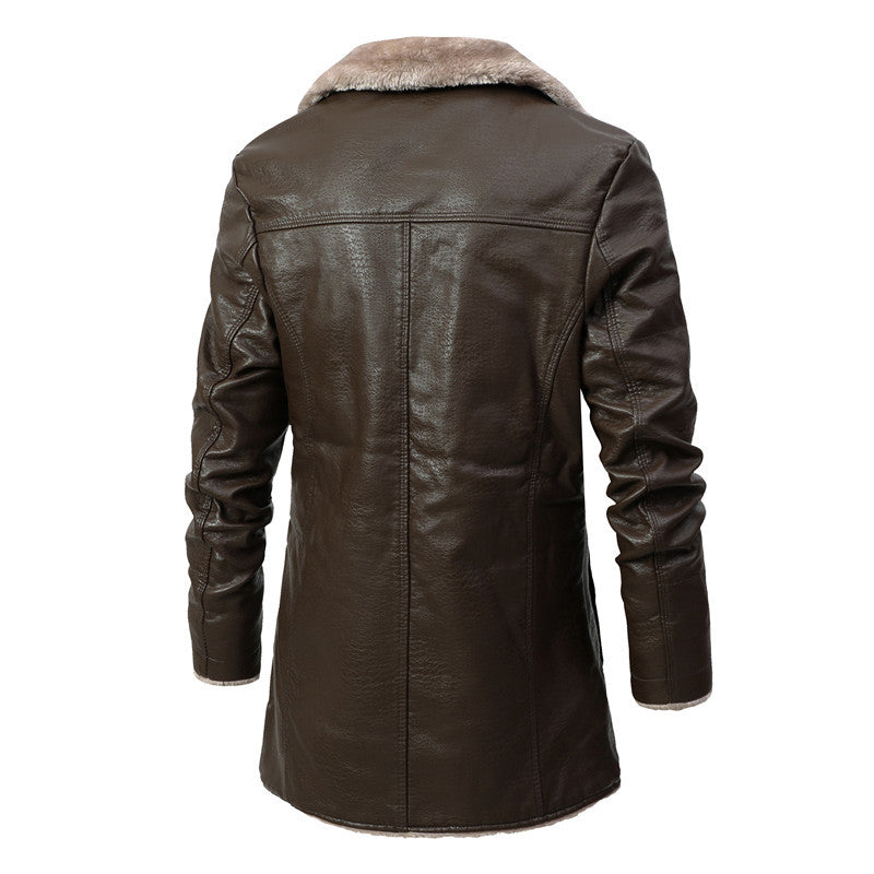 Men’s Business Formal Faux Leather Jacket – Medium-Length, Velvet-Lined, Single-Breasted Coat