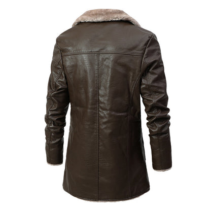 Men’s Business Formal Faux Leather Jacket – Medium-Length, Velvet-Lined, Single-Breasted Coat