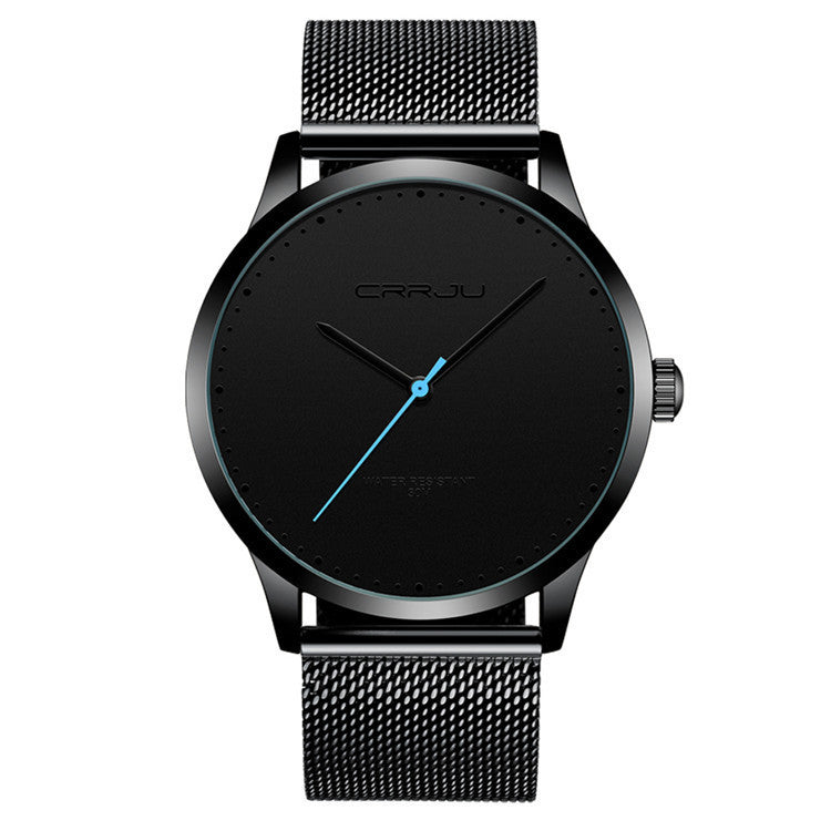 Minimalist black men’s wristwatch with mesh strap and blue second hand