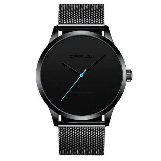 Minimalist black men’s wristwatch with mesh strap and blue second hand