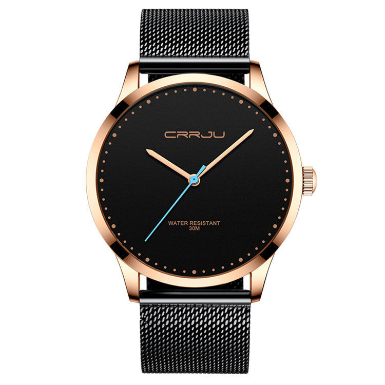 Elegant CRRJU wristwatch with black mesh band, rose gold case, and minimalist black dial