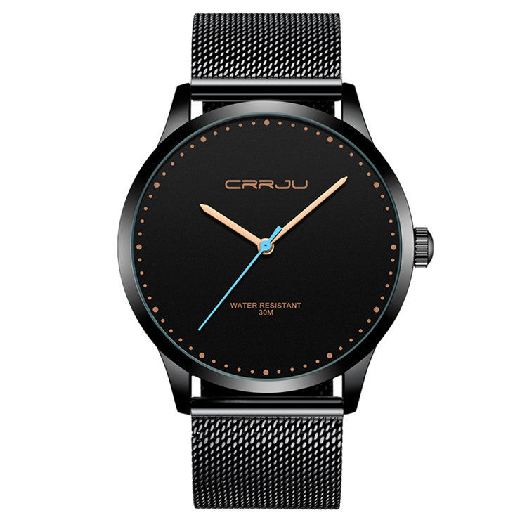 CRRJU black minimalist wristwatch with mesh band, water resistant 30m, gold hands, blue second hand