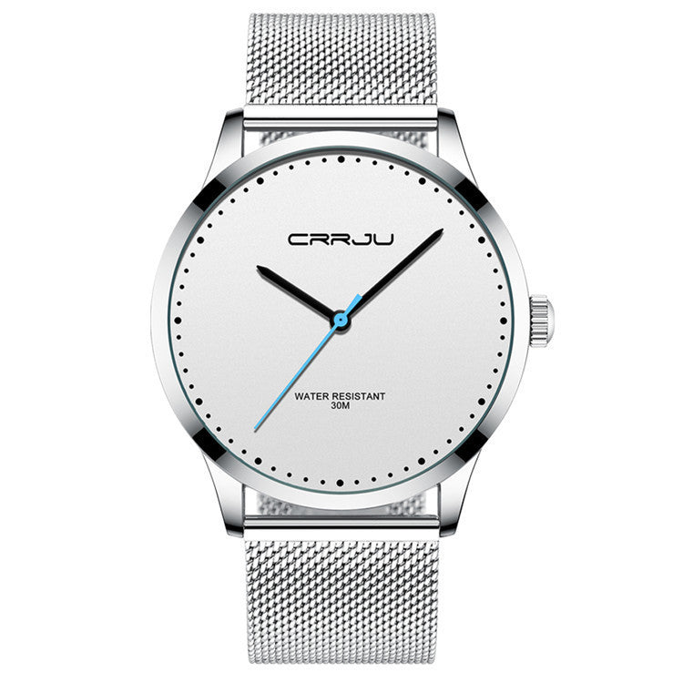 Minimalist silver CRRJU wristwatch with mesh strap, white dial, black hour and minute hands, blue second hand, water resistant 30M
