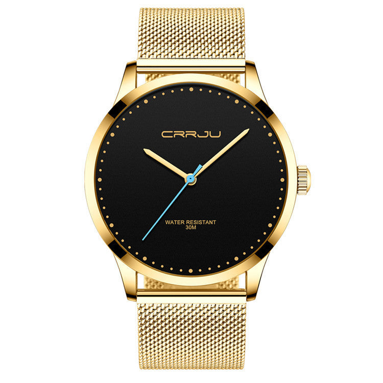 Gold mesh band wristwatch with black dial, minimalist design, blue second hand, water resistant 30M