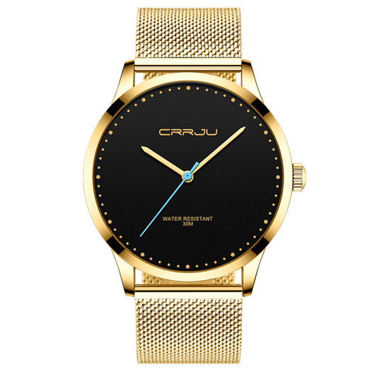 Gold mesh band wristwatch with black dial, minimalist design, blue second hand, water resistant 30M