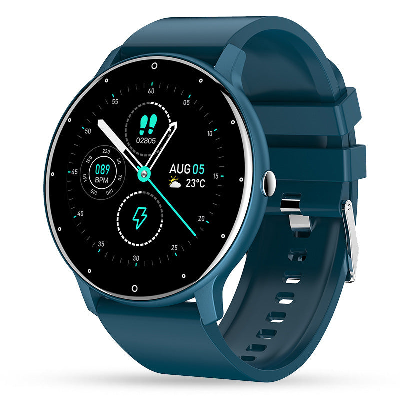 Blue smartwatch with round face showing time, steps, heart rate, date, weather, and battery icons