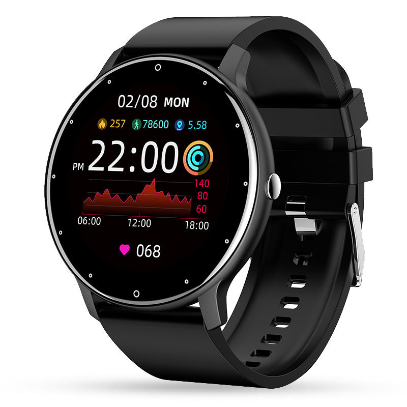 Black round smart watch with fitness tracking display showing time, date, steps, calories, and heart rate