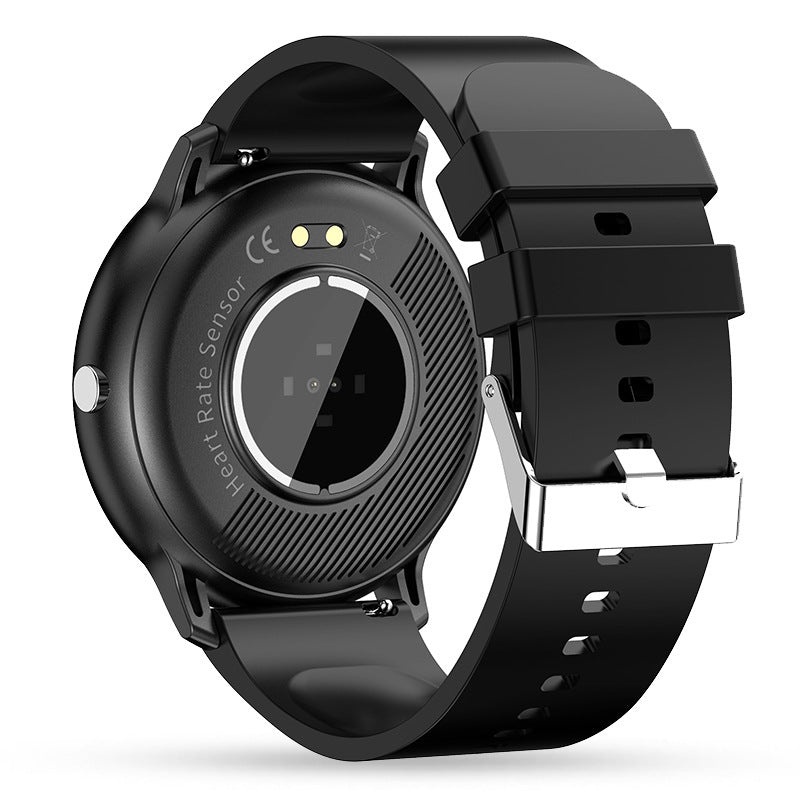 Black smartwatch back view showing heart rate sensor and adjustable silicone strap with metal buckle