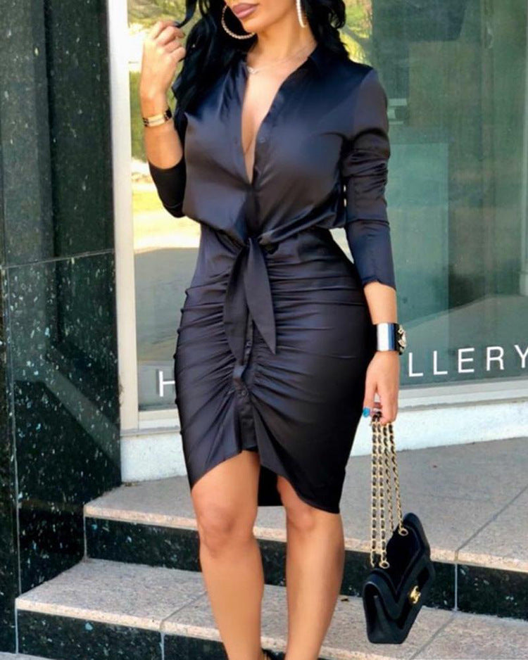 NEW Women Lace-up Solid Color Long Sleeve Midi Dress Shirt Dress Elegant Fashion Party Dress