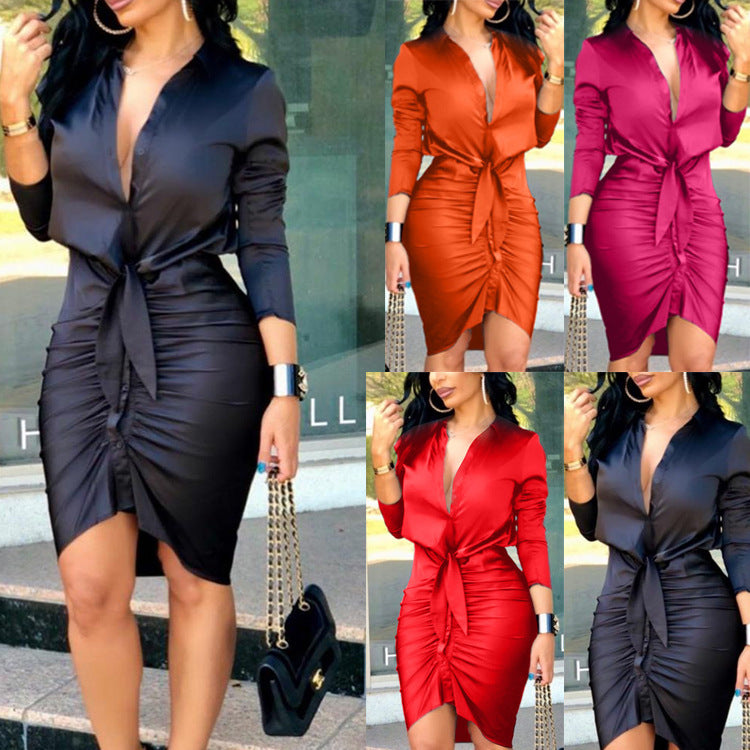 NEW Women Lace-up Solid Color Long Sleeve Midi Dress Shirt Dress Elegant Fashion Party Dress