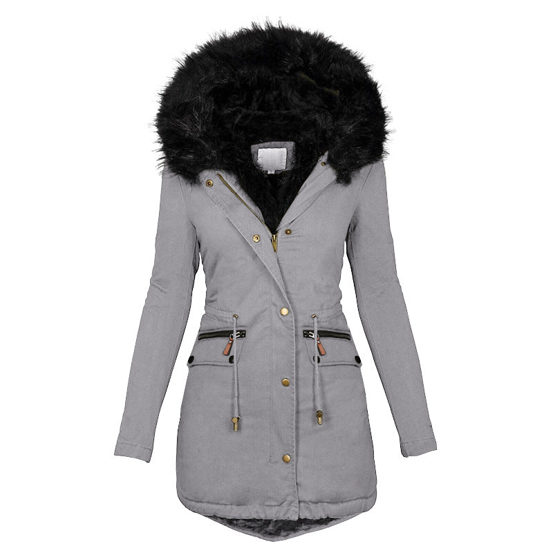 Women’s Casual Mid-Length Cotton-Padded Coat – Warm Polyester Jacket with Long Sleeves &amp; Straight Fit