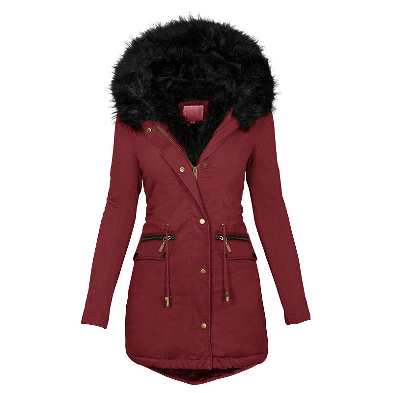 Women's burgundy winter parka coat with black faux fur hood and drawstring waist