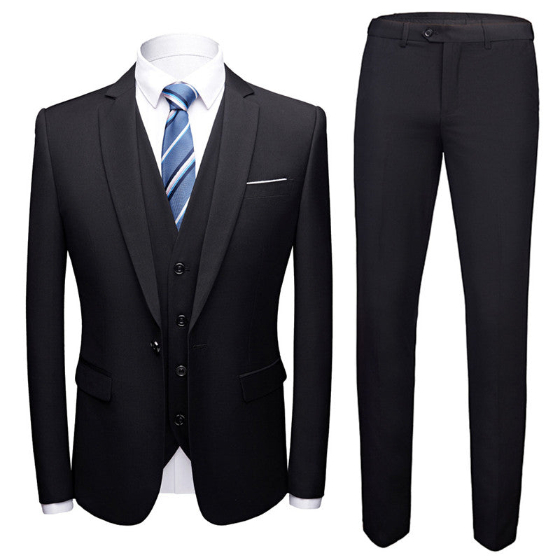 Black three-piece men's suit with jacket, vest, trousers, white shirt, and blue striped tie