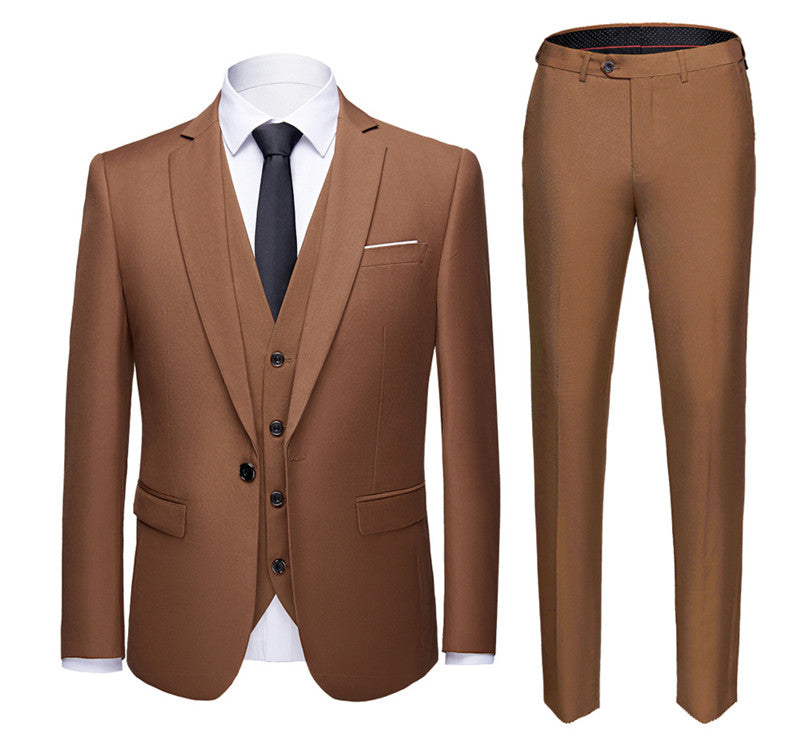 Brown men's three-piece suit with blazer, waistcoat, trousers, white shirt, and black tie