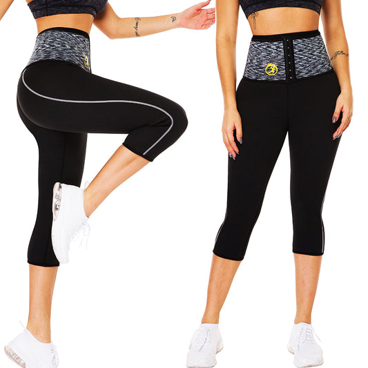Women wearing black high-waist waist trainer leggings with grey waistband and white sneakers