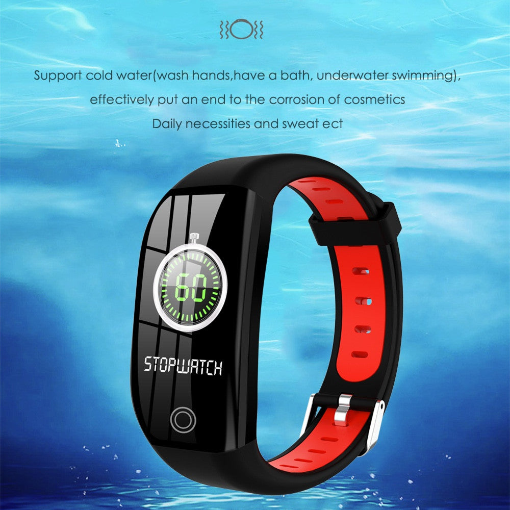 Black and red waterproof fitness smartwatch with stopwatch display underwater background