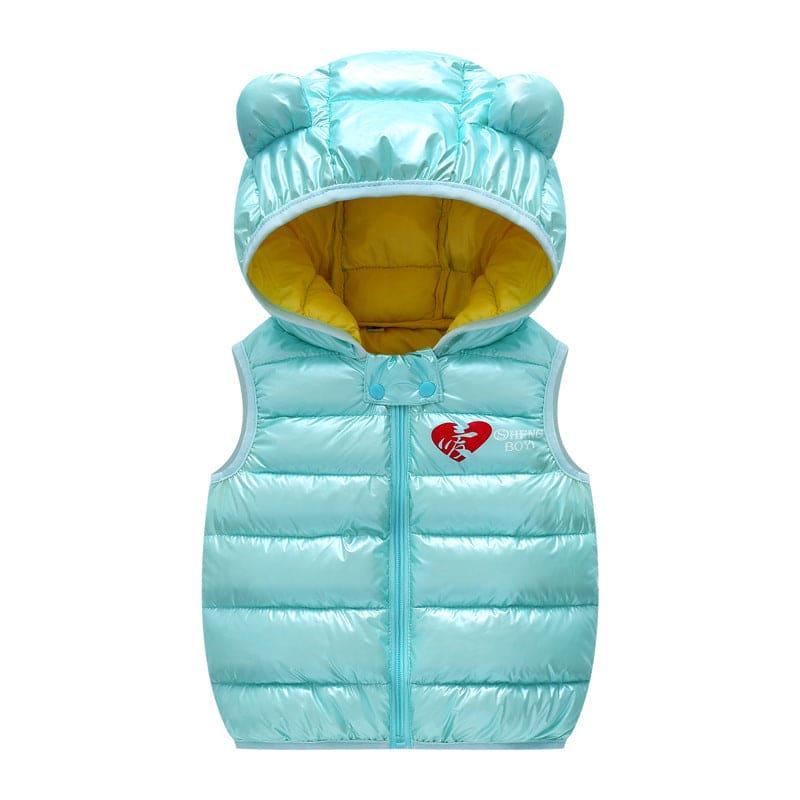 Light blue shiny puffer vest for toddlers with hood featuring bear ears and yellow inner lining