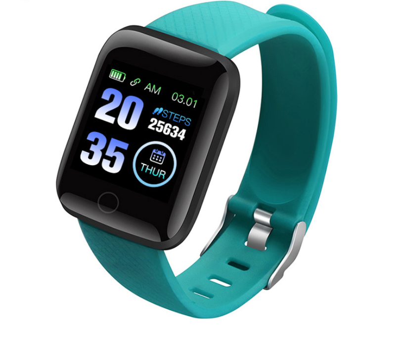 Smartwatch with turquoise silicone band showing time, date, and 25634 steps on digital display