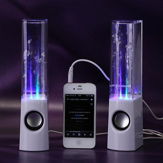 White water dancing speakers with colorful LED lights connected to a white smartphone playing music