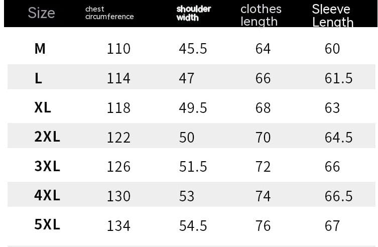 Clothing size chart showing chest, shoulder width, length, and sleeve length measurements for sizes M to 5XL